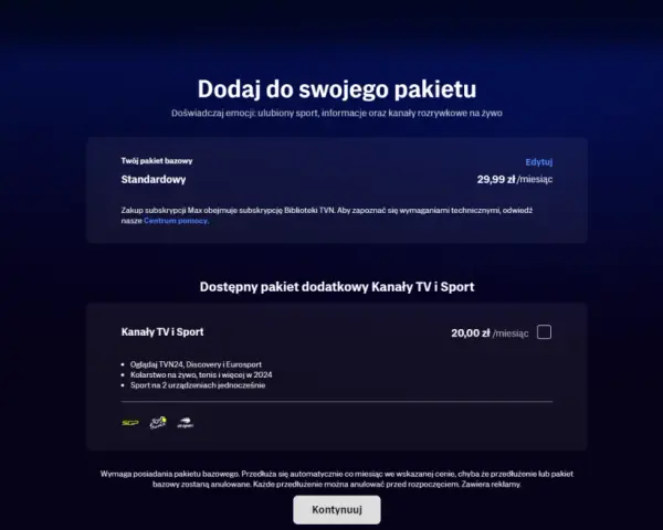 Dodaj do swojego pakietu Max: standardowy za 29,99 zł/miesiąc i pakiet dodatkowy Kanały TV i Sport za 20 zł/miesiąc.