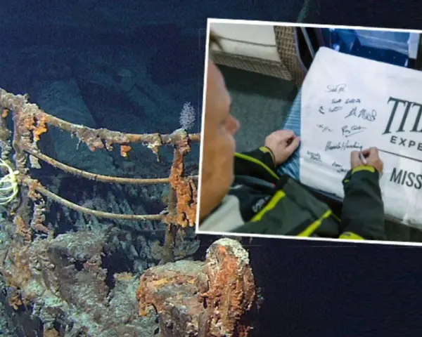 Wraki Titanica na dnie oceanu i podpis na banerze "Titanic Expedition Mission V". Chcesz wiedzieć, gdzie obejrzeć film o tej wyprawie?