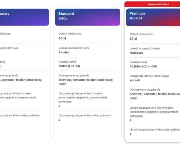 Porównanie planów Netflix: Podstawowy (33 zł), Standard (49 zł) i Premium (67 zł). Sprawdź, ile kosztuje Netflix i wybierz najlepszą opcję dla siebie.