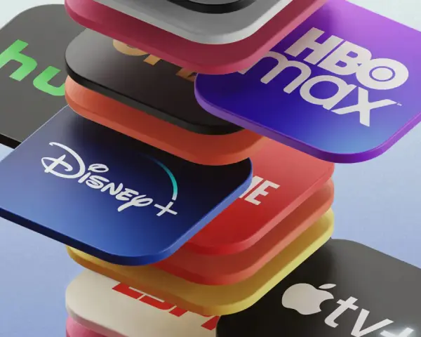 Stos ikon serwisów streamingowych: Disney+, HBO Max, Hulu, Apple TV+ i inne.