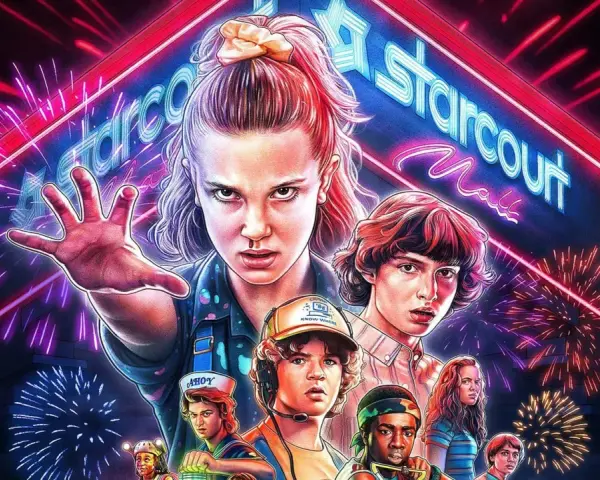 Eleven i jej przyjaciele z Stranger Things 3 gotowi do walki pod neonowym szyldem Starcourt Mall, otoczeni fajerwerkami.