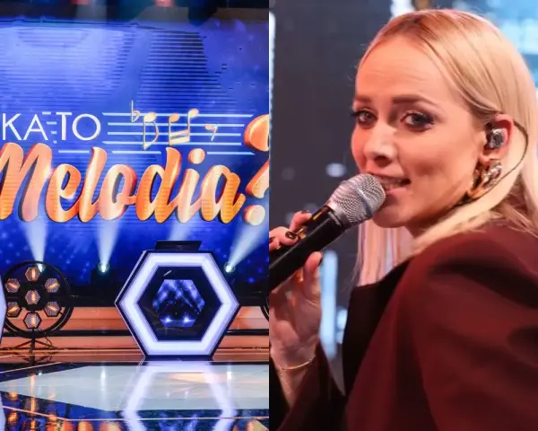 Jan Radwan śpiewa w programie "Jaka to melodia?". Na scenie widać neonowe dekoracje i logo programu.