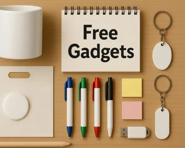 Darmowe gadżety, jakimi reklamują się firmy: kubek, torba, długopisy, pendrive, breloki, notatnik z napisem "Free Gadgets" i ołówek.