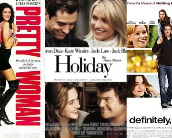 Plakaty filmowe: "Pretty Woman", "Holiday" i "Definitely, Maybe" – klasyczne komedie romantyczne.