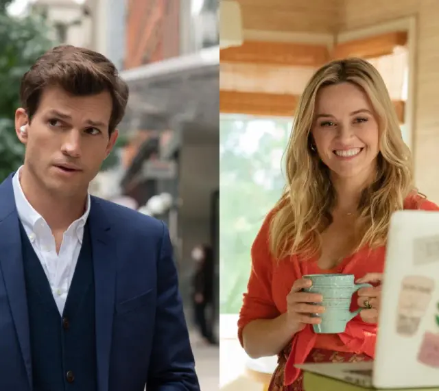 Ashton Kutcher w garniturze i Reese Witherspoon z kubkiem przy laptopie. Gwiazdor znany z wielu filmów, seriali i programów.
