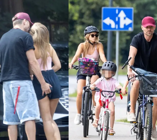 Rodzina na rowerach: rodzacewicz z żoną i dzieckiem cieszą się wspólnym przejazdem.