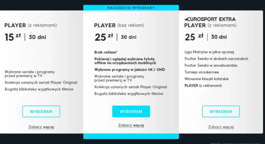 Porównanie cen pakietów Player: 15 zł z reklamami, 25 zł bez reklam i 25 zł z Eurosportem. Sprawdź, która hbo max cena jest dla Ciebie najlepsza.