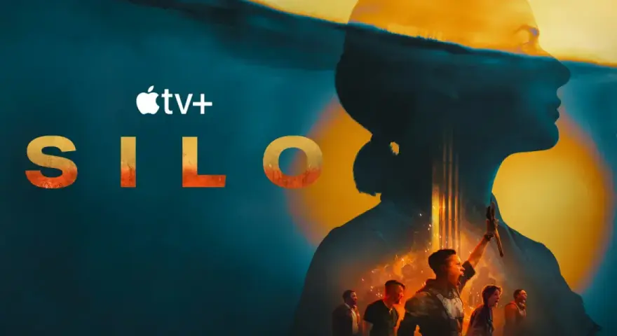 Logo Silos sezon 2. Sylwetka kobiety na tle podwodnego świata i grupy ludzi.