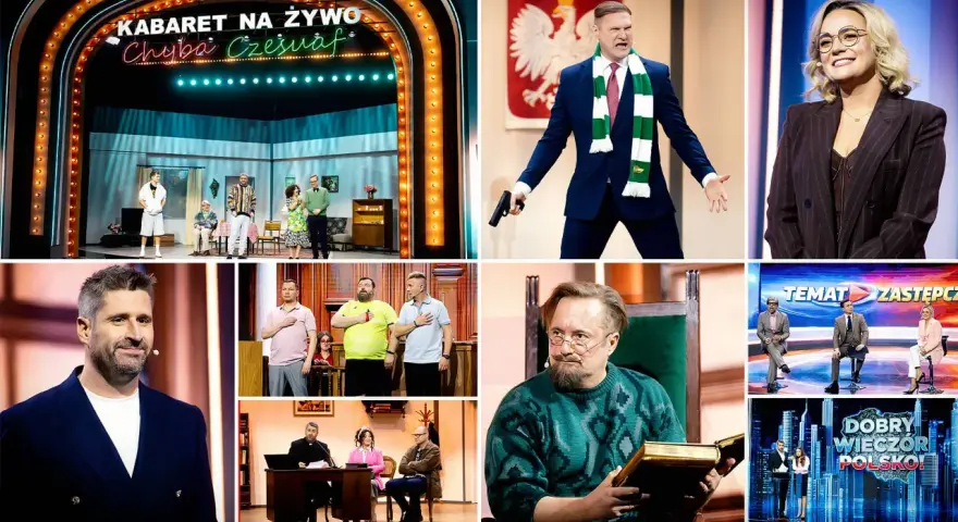 Komiczna ramówka: kabaret, polityczne skecze i rozmowy.