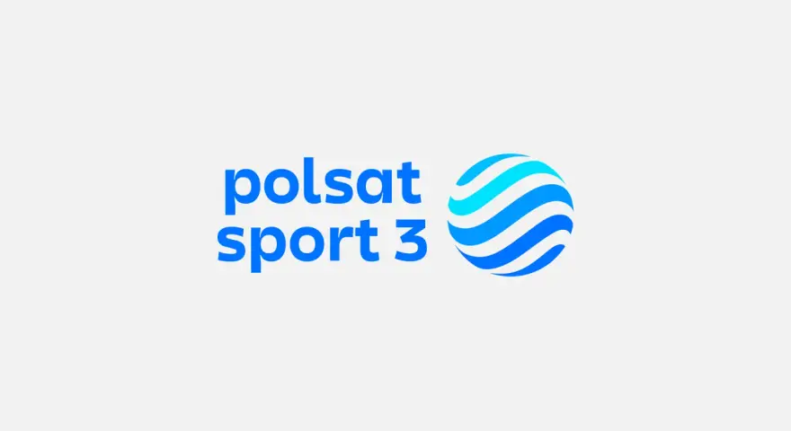 Logo Polsat Sport 3. Niebieski napis "polsat sport 3" obok stylizowanej kuli z niebieskimi pasami.