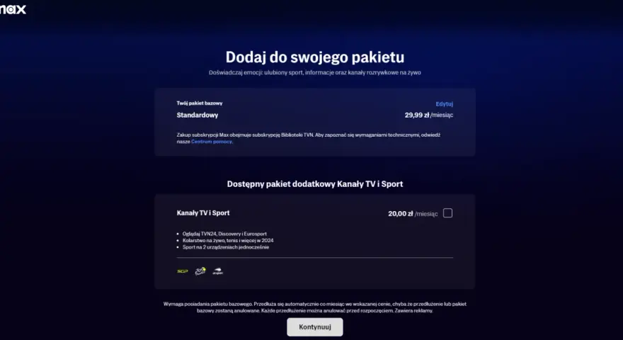 Dodaj do swojego pakietu Max: standardowy za 29,99 zł/miesiąc i pakiet dodatkowy Kanały TV i Sport za 20 zł/miesiąc.