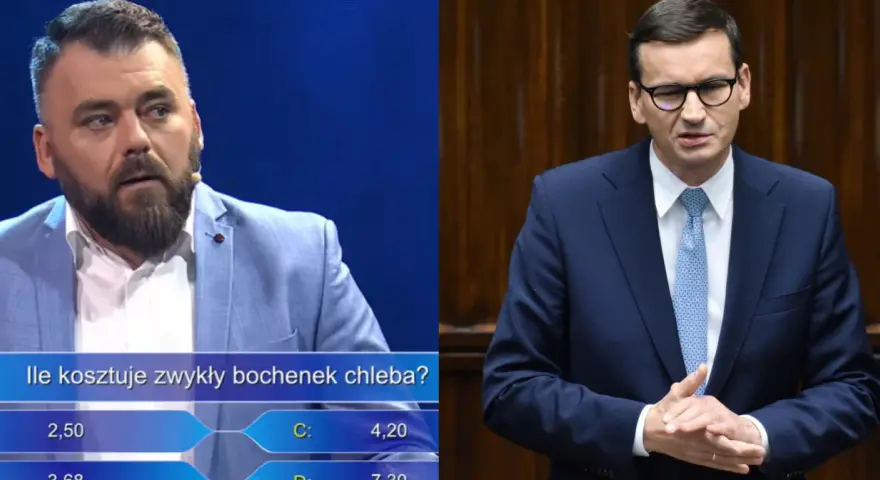 Uczestnik teleturnieju pyta, po ile chleb milionerzy. Obok polityk w garniturze.