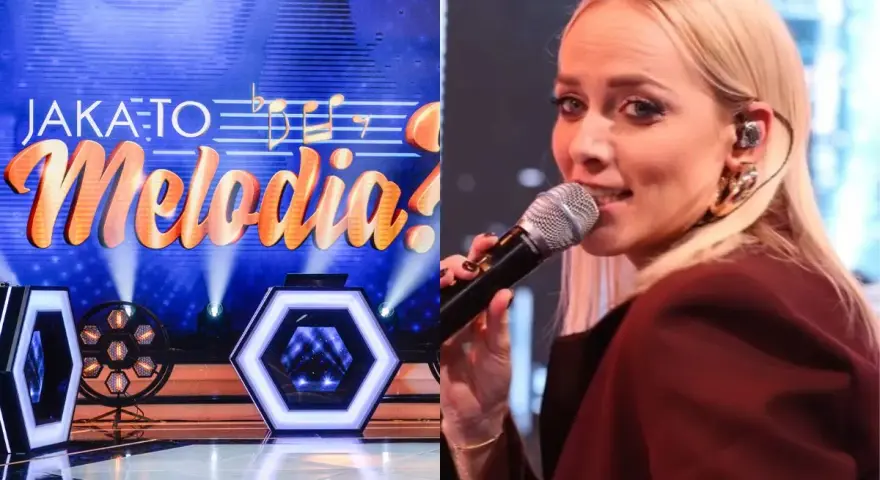 Jan Radwan śpiewa w programie "Jaka to melodia?". Na scenie widać neonowe dekoracje i logo programu.