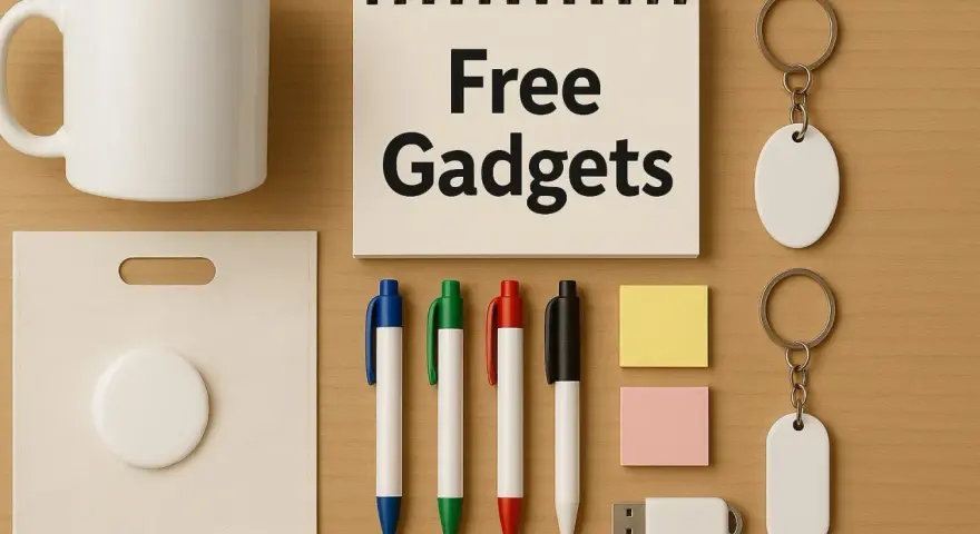 Darmowe gadżety, jakimi reklamują się firmy: kubek, torba, długopisy, pendrive, breloki, notatnik z napisem "Free Gadgets" i ołówek.