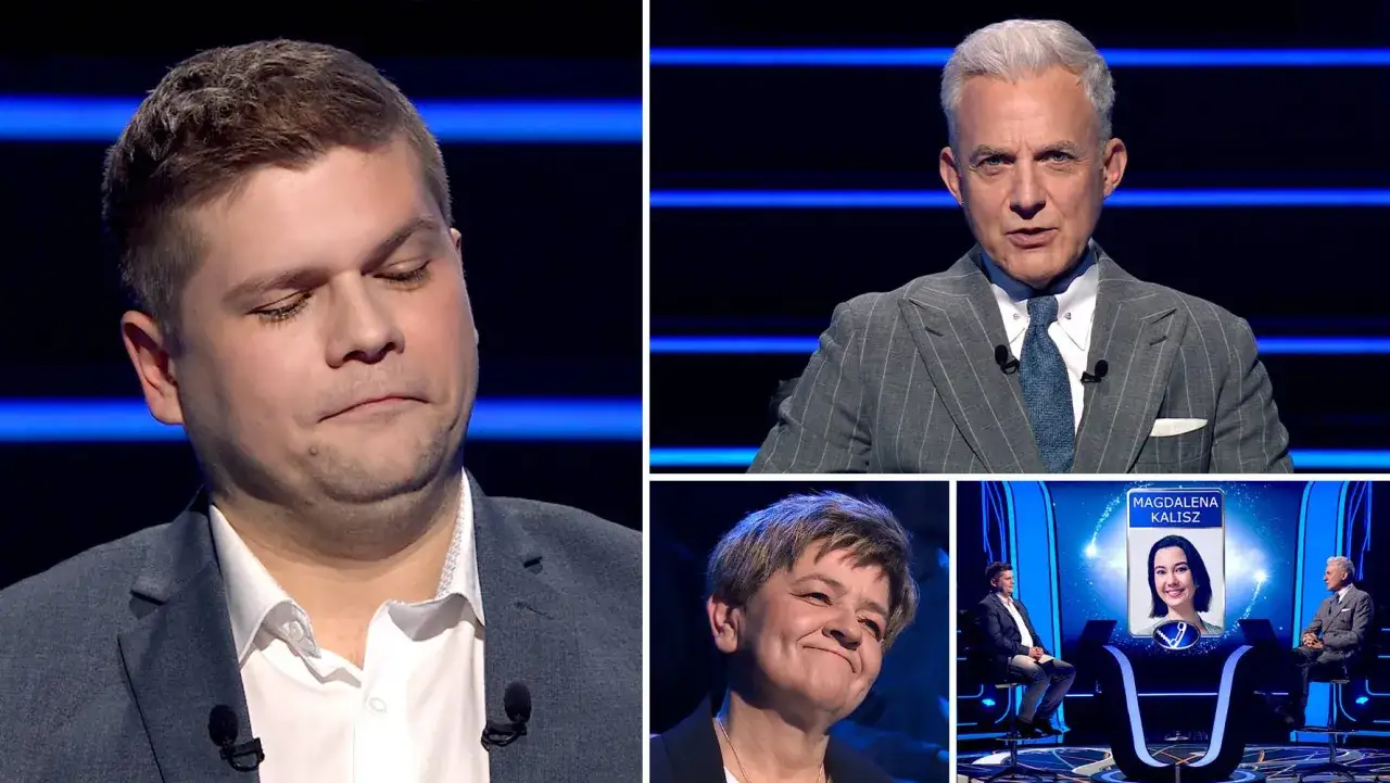 Uczestnik gry zastanawia się, który wolumen to wolumin milionerzy. Obok prowadzący i uśmiechnięta kobieta.