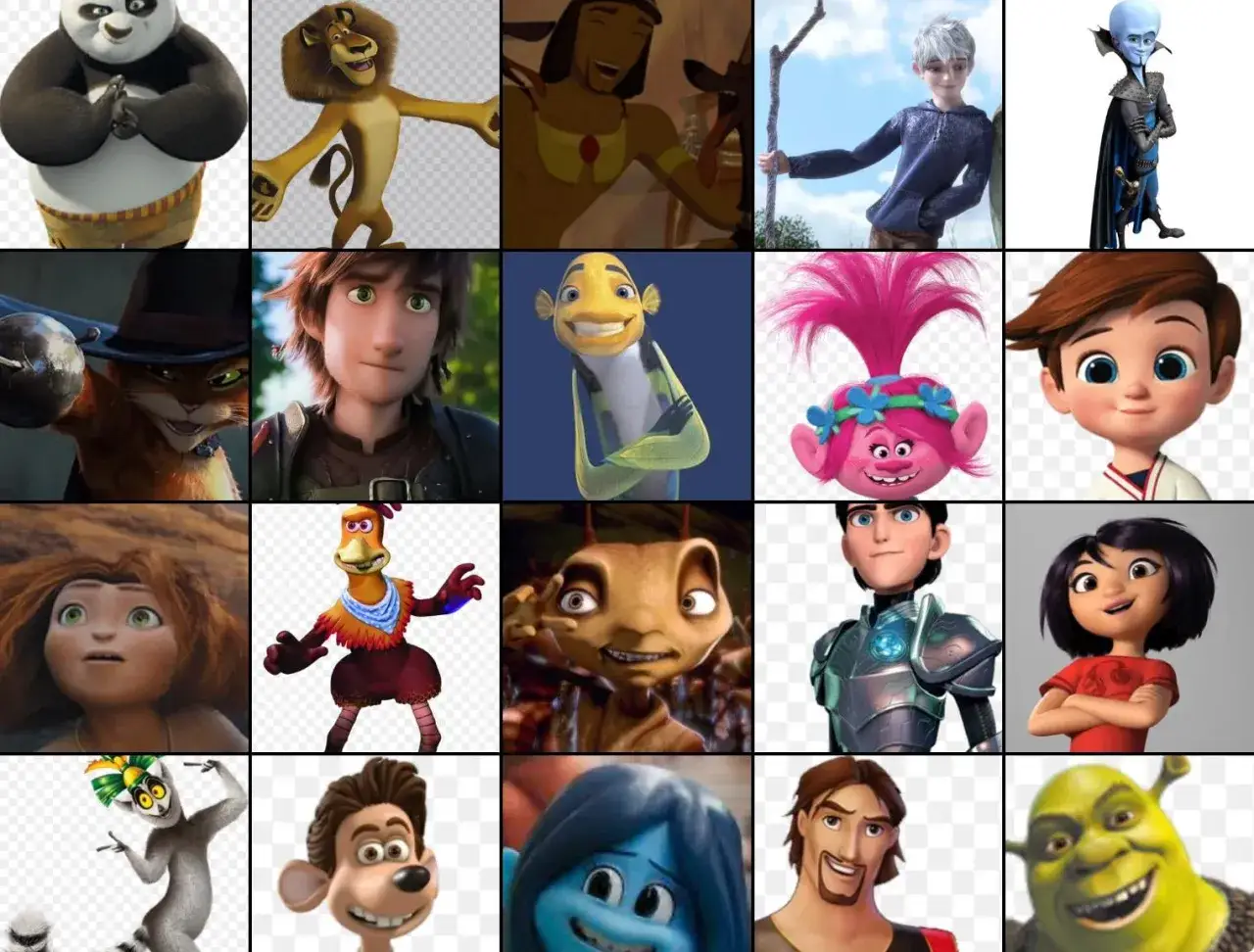Kompilacja postaci z filmów DreamWorks: Po, Alex, Tutanchamon, Jack Frost, Megamozg, Kot w butach, Czkawka, Oscar, Poppy, Boss Baby, Eep, Kurczak, Z, Kobieta, Mort, Mike, Dżinn, Shrek.
