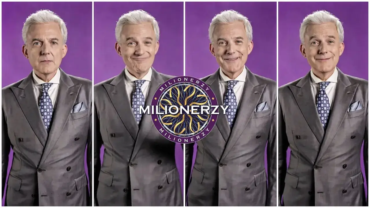 Hubert Urbański w garniturze, cztery razy, z logo