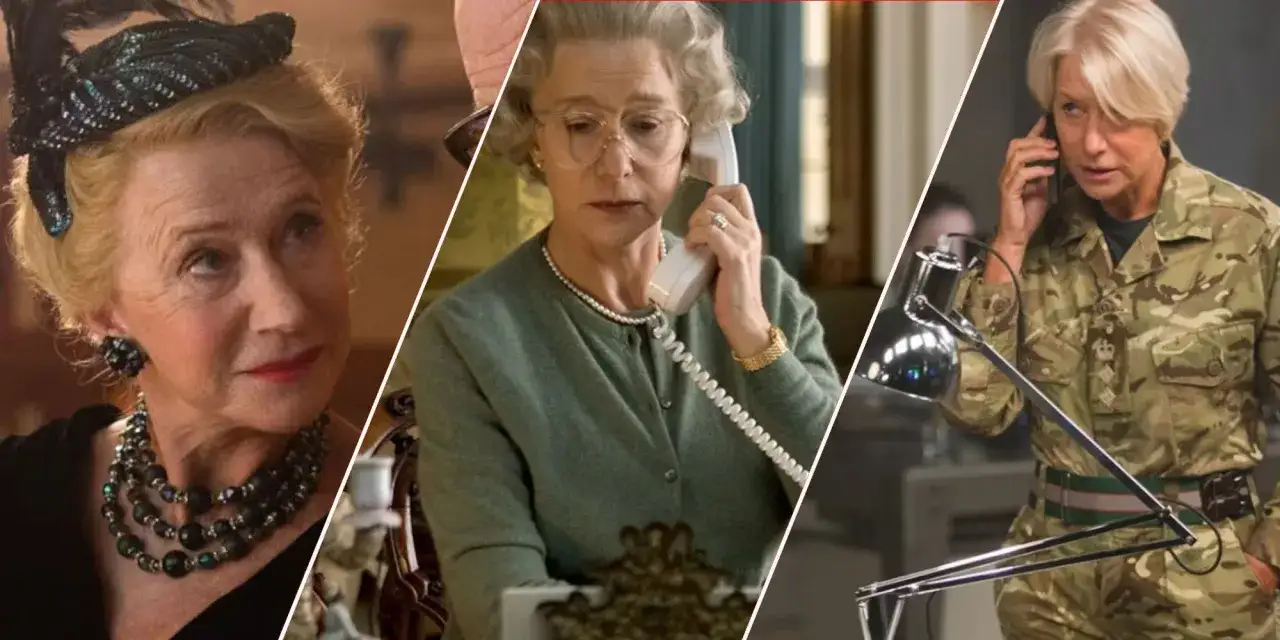 Helen Mirren w rolach z filmów i seriali: elegancka dama, królowa Elżbieta i dowódca w mundurze.