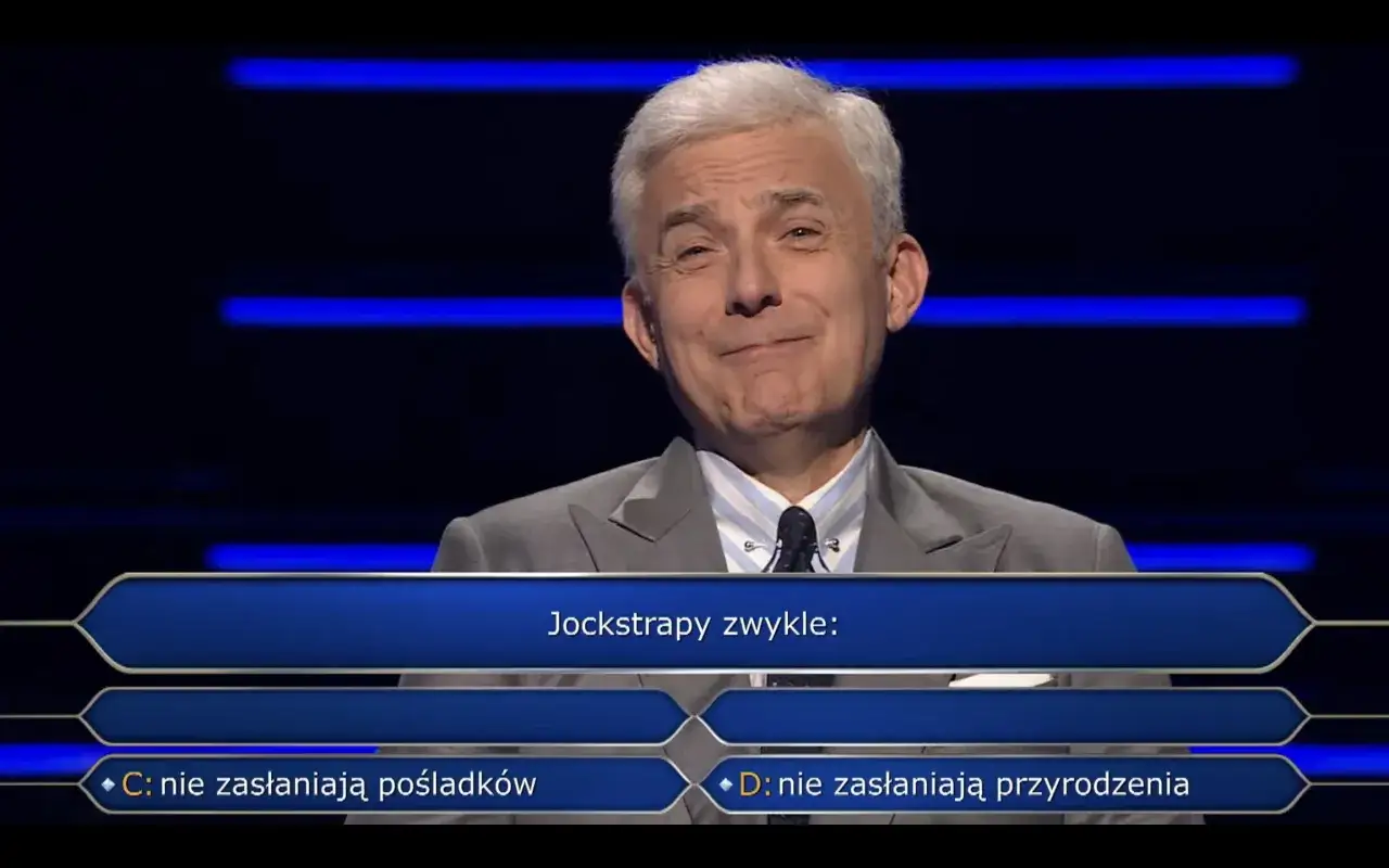 Prowadzący Milionerów z uśmiechem czeka na odpowiedź. Jak działa telefon do przyjaciela? Pytanie o jockstray.
