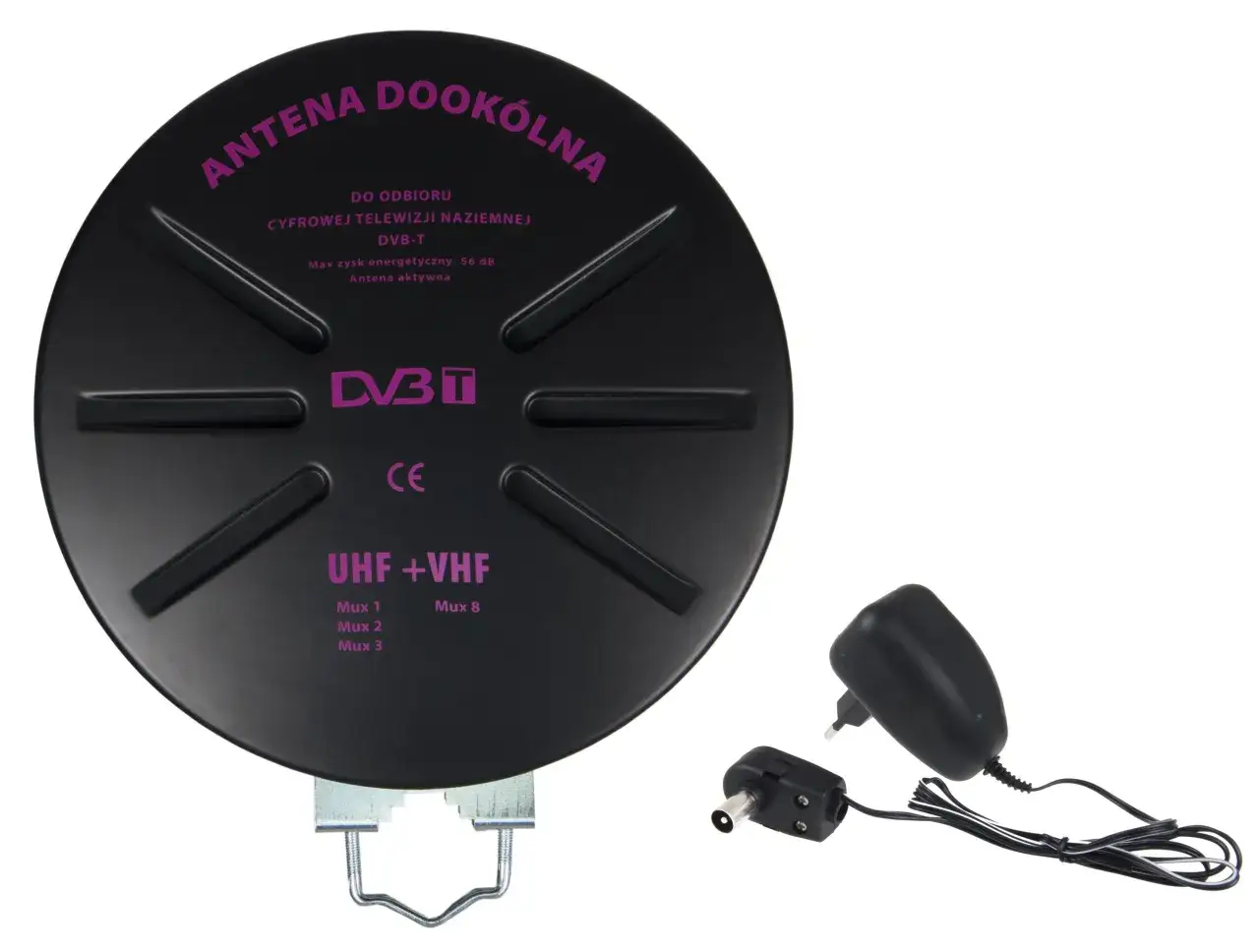 Czarna antena DVB-T do odbioru cyfrowej telewizji naziemnej, w tym ósmego multipleksu. W zestawie zasilacz i adapter.
