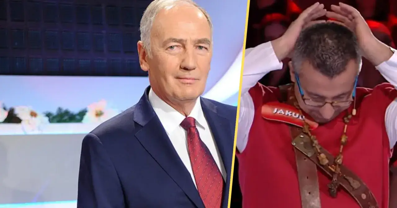 Prowadzący Familiady i uczestnik z opaską na głowie. Zastanawiamy się, co możemy rozwiązać w Familiadzie, gdy widzimy takie emocje.