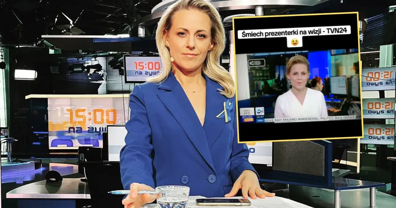Uśmiechnięta prezenterka TVN24 w niebieskiej marynarce, w tle studio z zegarem 15:00. W ramce nagranie z jej uśmiechem.