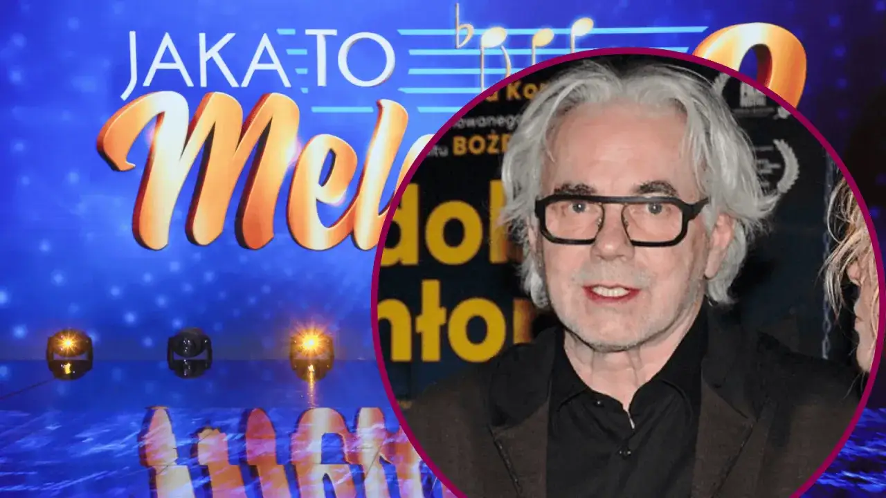 Jaka to melodia piosenkarze: Zbigniew Wodecki w okularach na tle sceny z napisem