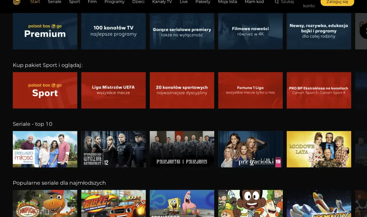 Strona główna google tv z ofertą Polsat Box Go: pakiety Premium, Sport, Liga Mistrzów, seriale i filmy.