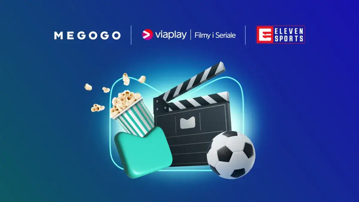 Megogo, Viaplay, i Eleven Sports oferują filmy, seriale i sport. Popcorn, klaps filmowy i piłka nożna symbolizują rozrywkę.