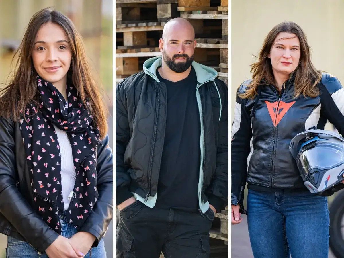 Trzy osoby: młoda kobieta w skórzanej kurtce i szaliku w serduszka, łysy mężczyzna w kurtce, kobieta w kurtce motocyklowej z kaskiem. Czy to uczestnicy