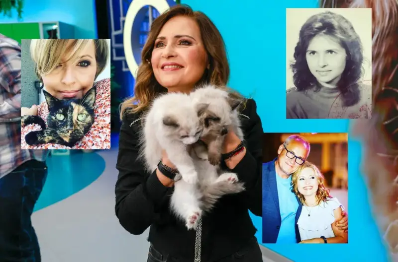 Agnieszka Gozdyra z mężem i dziećmi, jej wiek nieznany. Na zdjęciu koty i wspomnienia.
